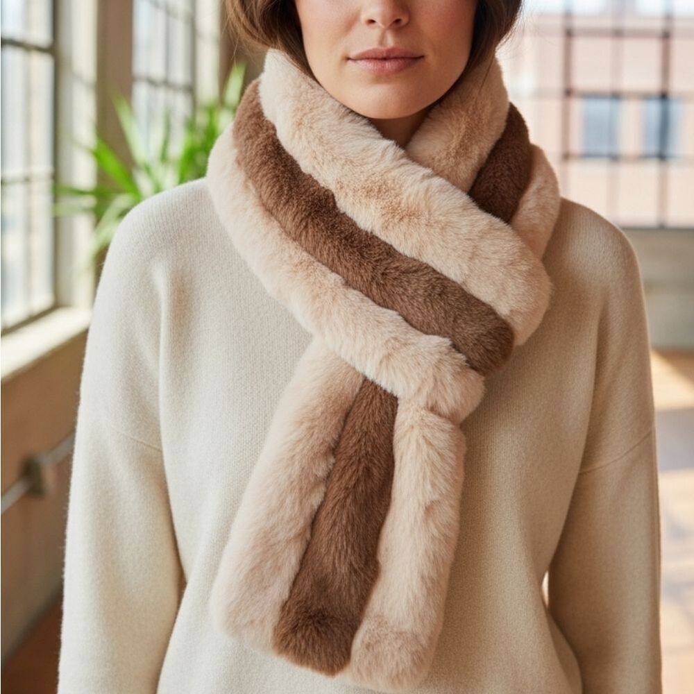 Faux Fur Tan and Beige Scraf Soft and Cozy